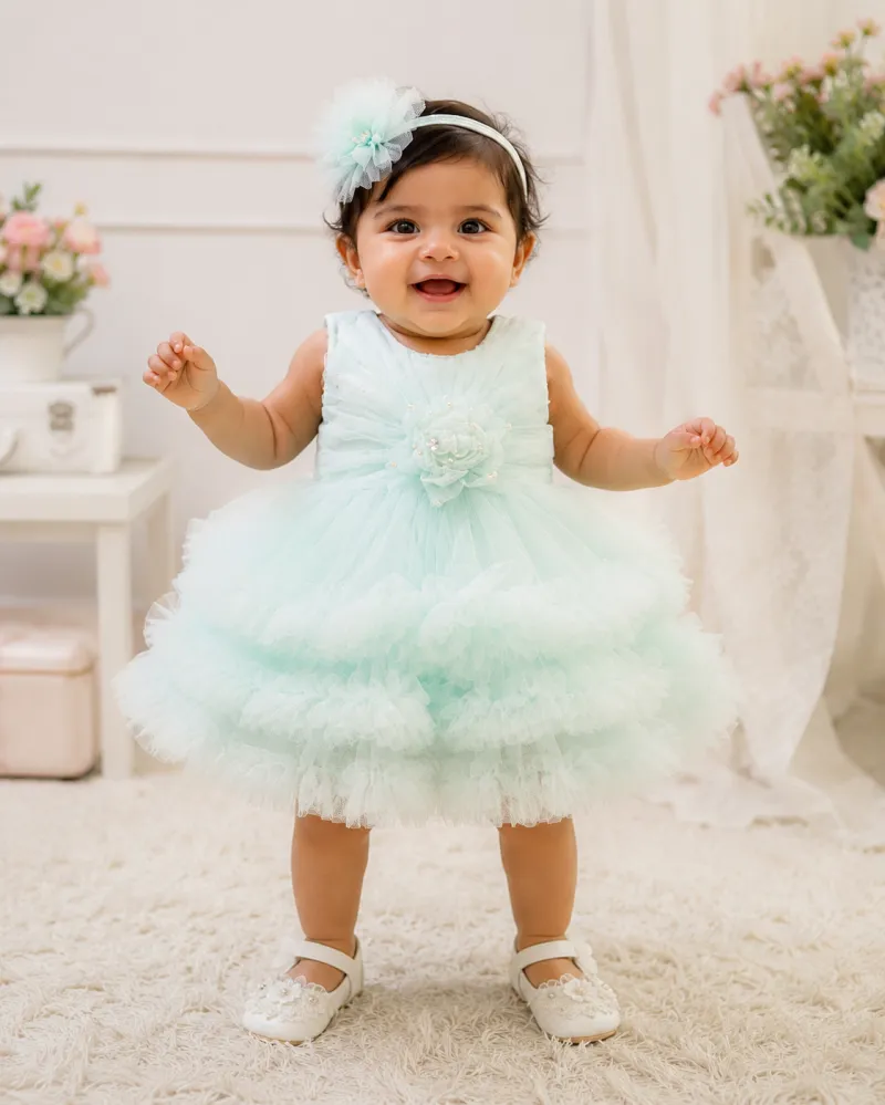 ApnaDrop Premium Mint Green Princess Party Dress for Baby Girls