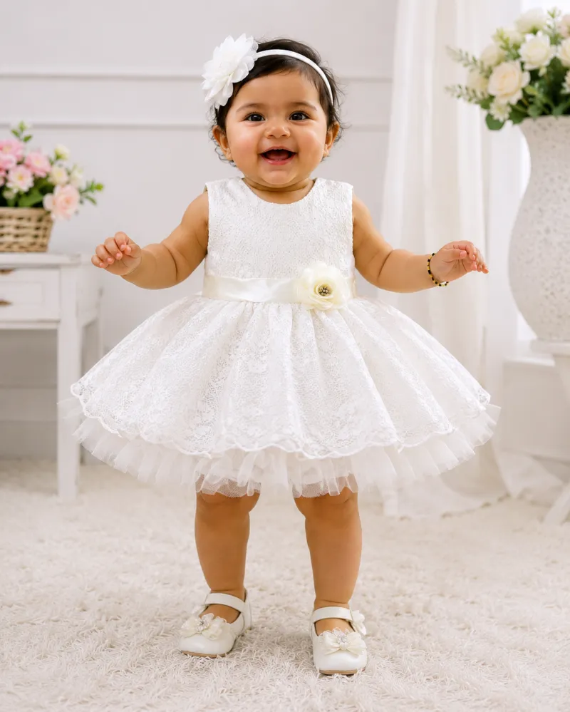 Elegant Pearl White Baby Girl Party Wear Dress