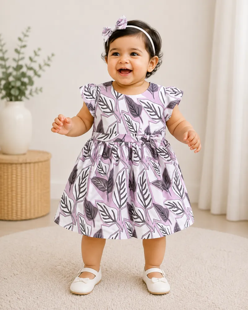 Lavender Leaf Print Girls Frock