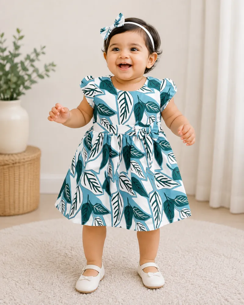 Teal Leaf Print Girls Party Frock