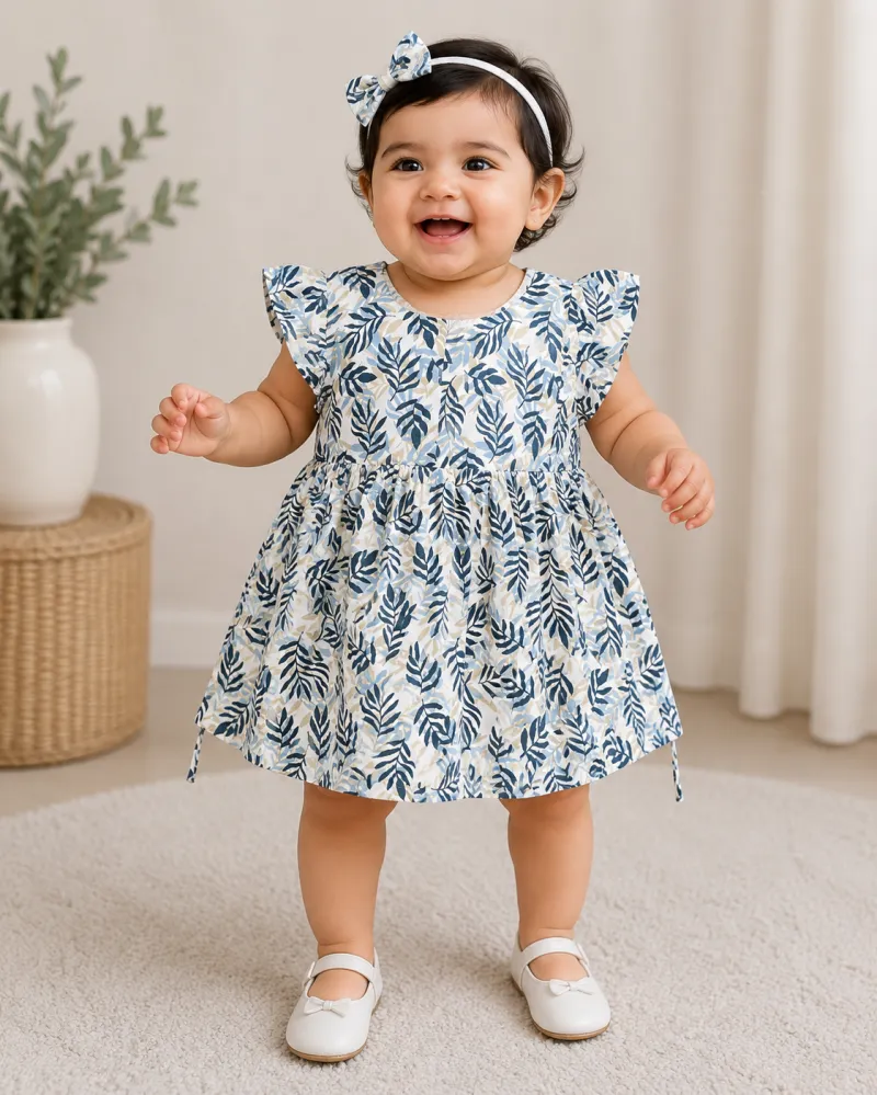 Cute Leaf Print Baby Girls Frock Dress with Bow Design