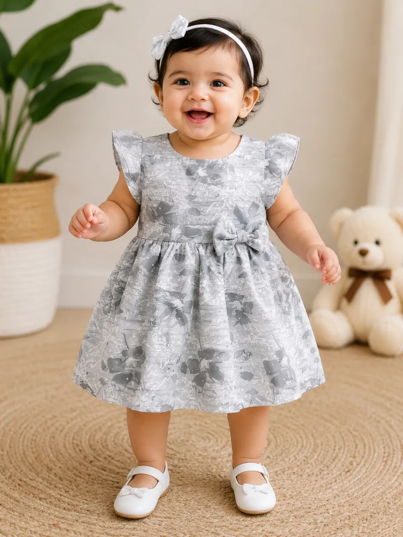 Elegant Grey Floral Print Baby Girls Frock