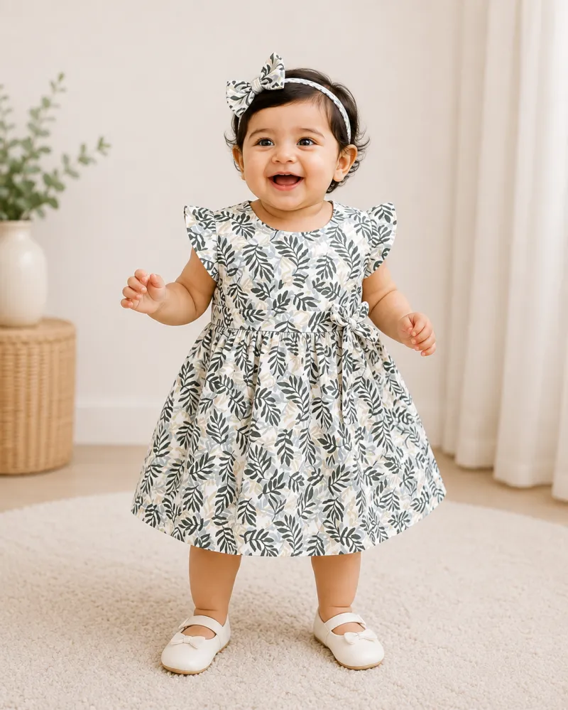 Olive Leaf Print Cotton Frock for Baby Girls