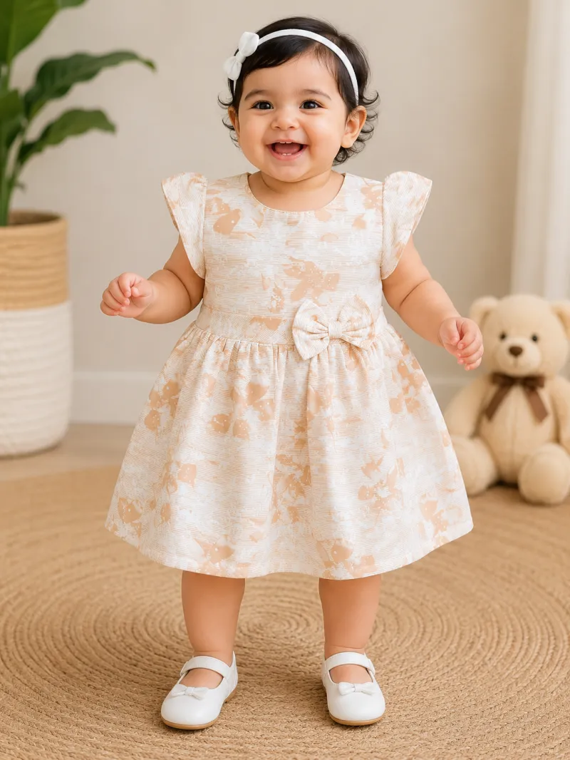 Peach Blossom Printed Frock with Bow for Baby Girls