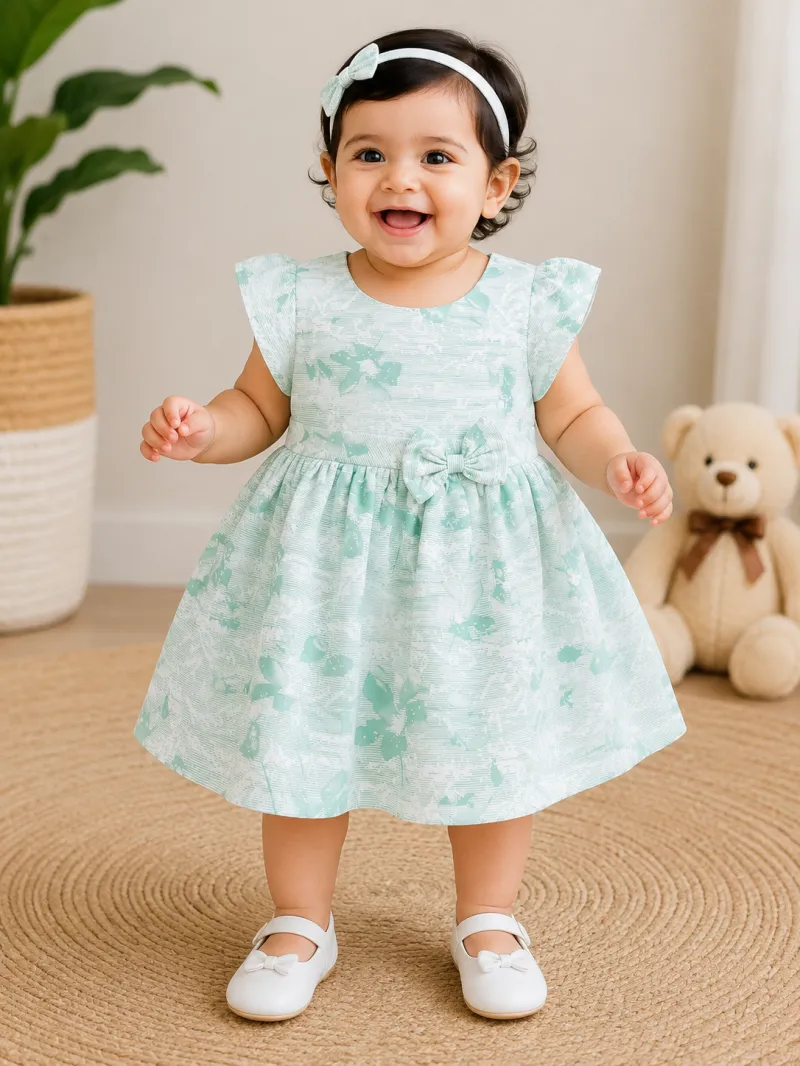 Mint Green Floral Printed Bow Frock for Baby Girls
