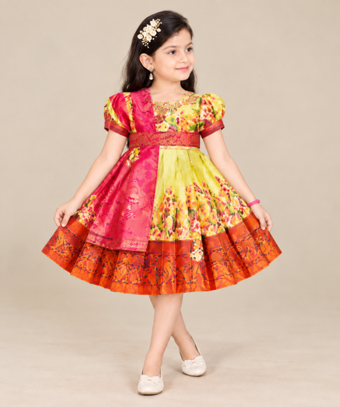 Girls Pattu Traditional Short Frock with Dupatta – Pink & Yellow Floral Design