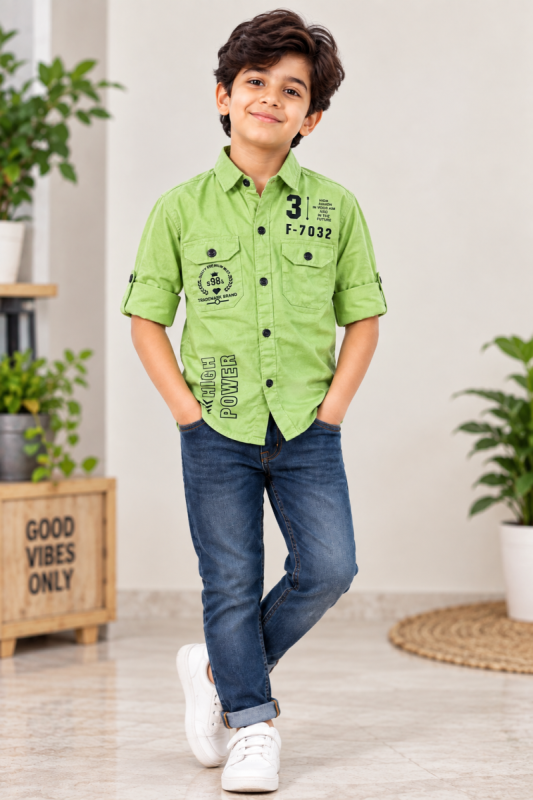 Boys Double Pocket Casual Shirt – Light Green Printed Design