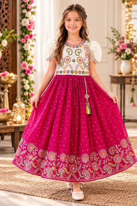 Girls Magenta & White Floral Embroidered Ethnic Gown