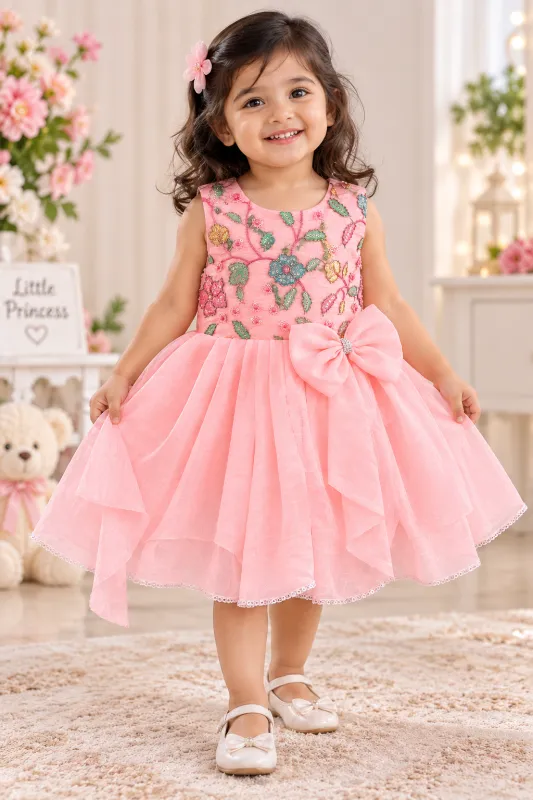 Girls Pink Floral Embroidered Party Frock with Bow