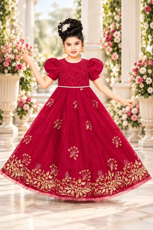 Girls Burgundy Floral Embroidered Ethnic Gown – Festive Wear