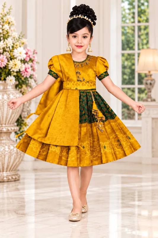 Girls Mustard Yellow & Green Traditional Short Frock – Festive Ethnic Wear