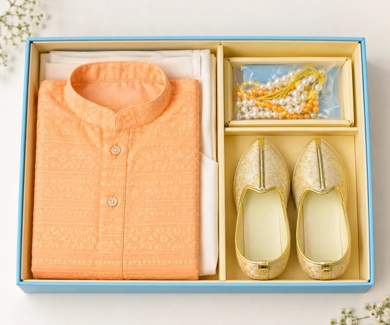 Boys Peach Ethnic Wear Gift Set – Kurta, Pants, Mala & Juttis