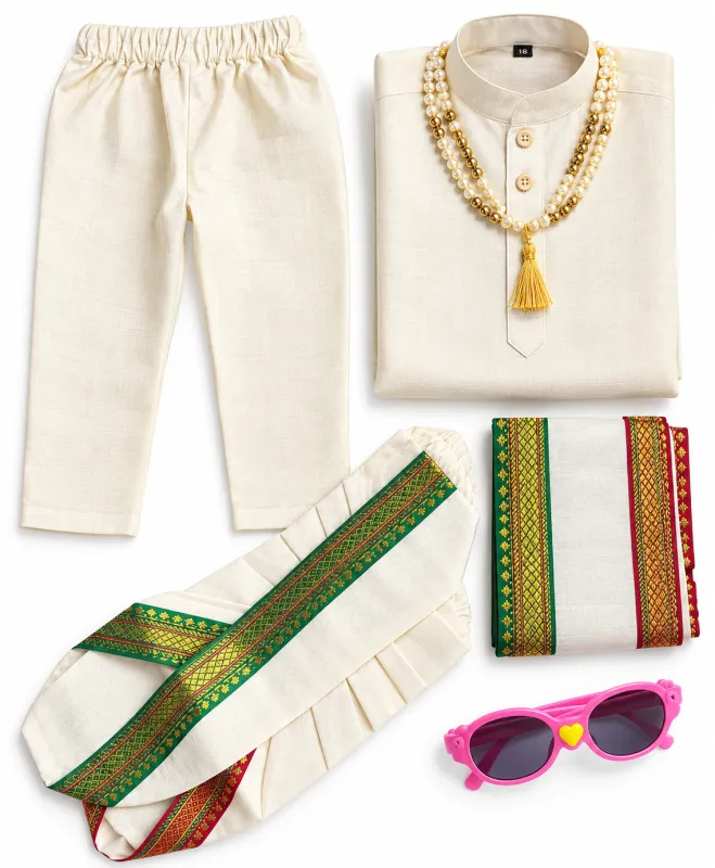 Boys Cream Traditional Kurta Set with Green & Gold Border