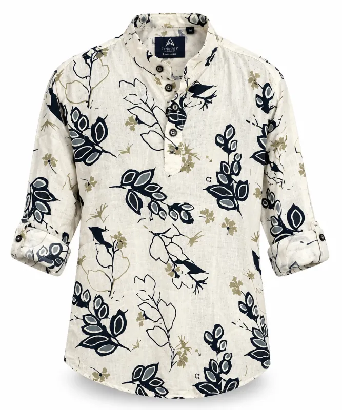 Boys Cream Printed Mandarin Collar Shirt – Navy Floral Design