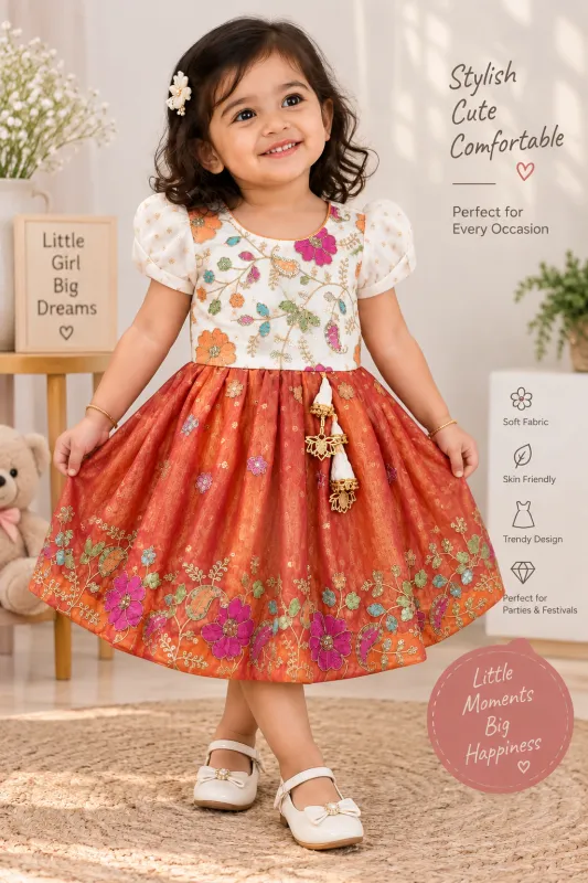 Girls Blue Floral Embroidered Frock – Elegant Festive Wear