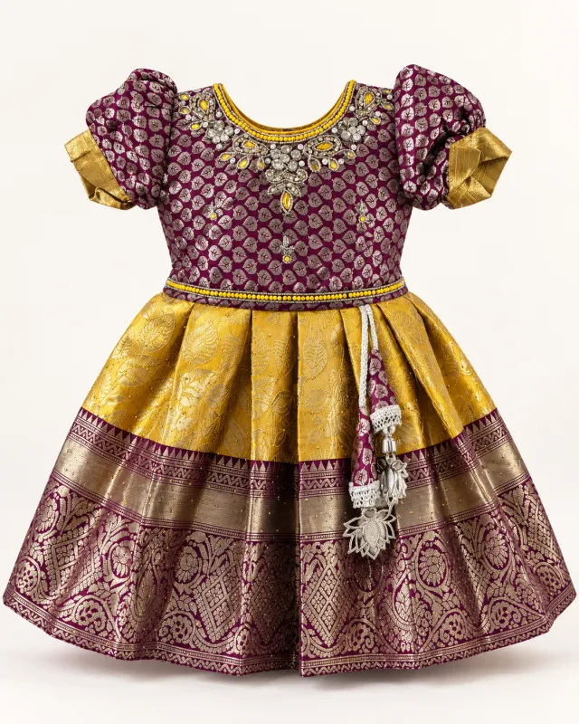 Girls Traditional Purple & Golden Brocade Festive Frock with Puff Sleeves